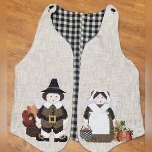 Thanksgiving Women's Handmade Embroidered Vest Large Pilgrims Thanksgiving Nov.